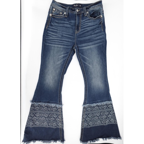 Miss Me Jeans Womens 30 High-Rise Flare Paisley Raw Hem 34 H2306F ITs Retro - Picture 1 of 15